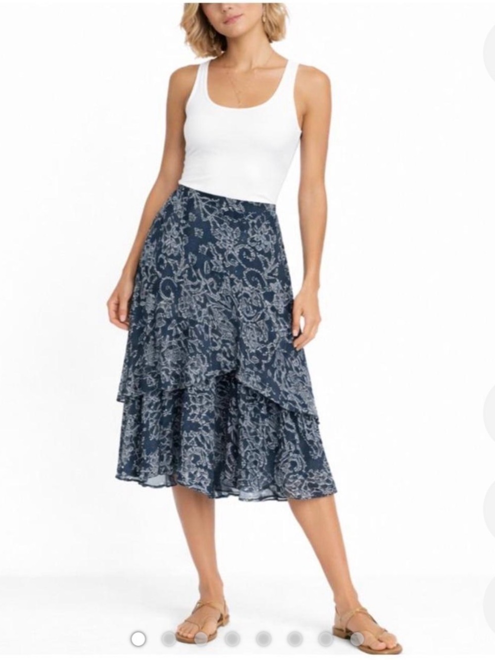 Lauren Ralph Lauren 100% Silk Blue Ruffled Tiered Patterned Midi Skirt XL
